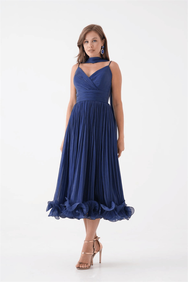 Kırinkıl Saten Kumaş Askılı Midi Boy Elbise - LACİVERT - 1