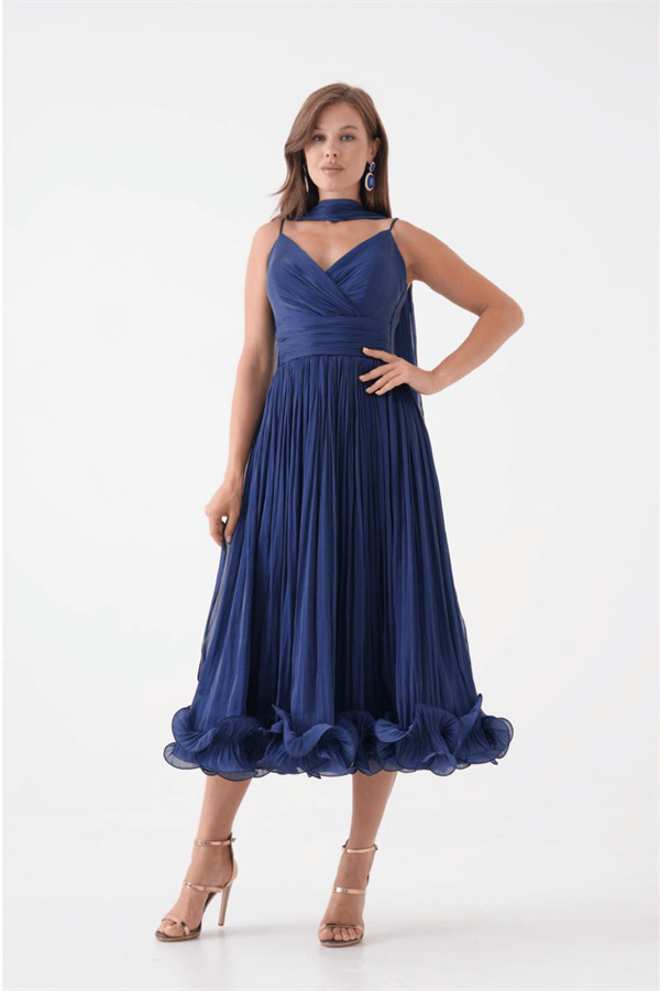 Kırinkıl Saten Kumaş Askılı Midi Boy Elbise - LACİVERT - 2