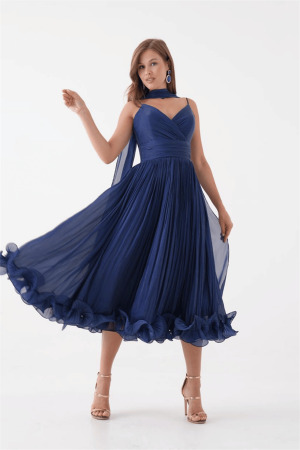 Kırinkıl Saten Kumaş Askılı Midi Boy Elbise - LACİVERT - 3