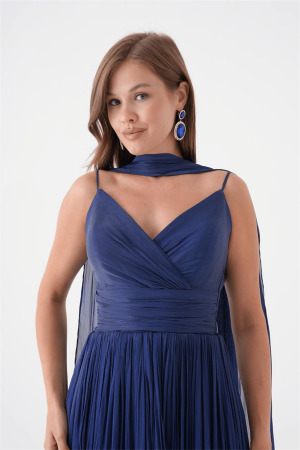 Kırinkıl Saten Kumaş Askılı Midi Boy Elbise - LACİVERT - 4