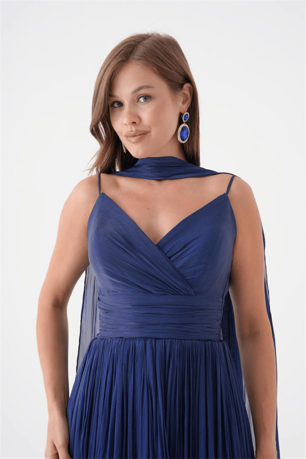 Kırinkıl Saten Kumaş Askılı Midi Boy Elbise - LACİVERT - 4