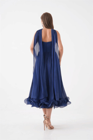 Kırinkıl Saten Kumaş Askılı Midi Boy Elbise - LACİVERT - 5