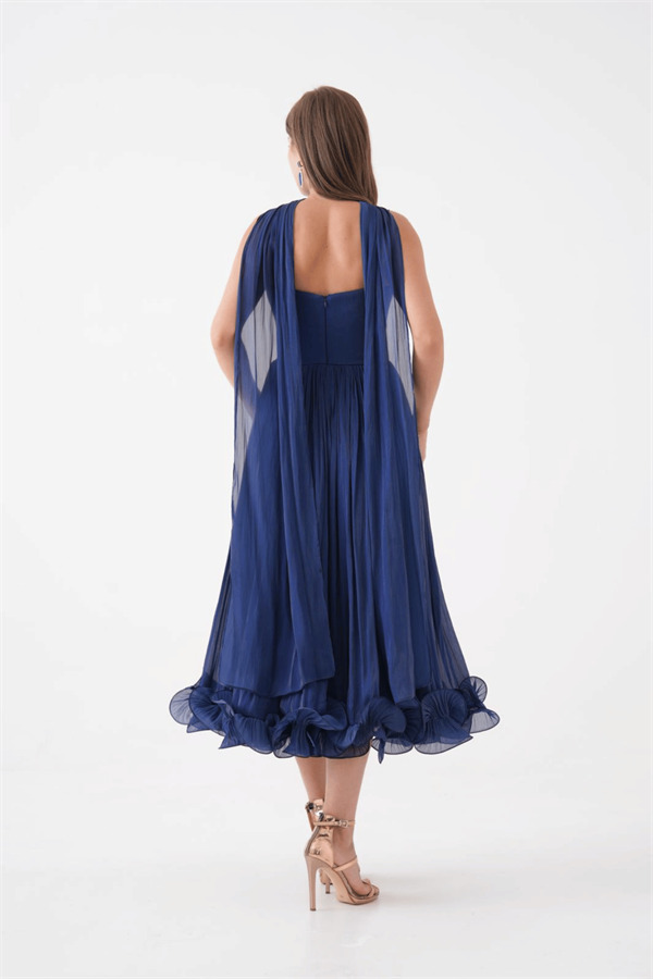 Kırinkıl Saten Kumaş Askılı Midi Boy Elbise - LACİVERT - 5