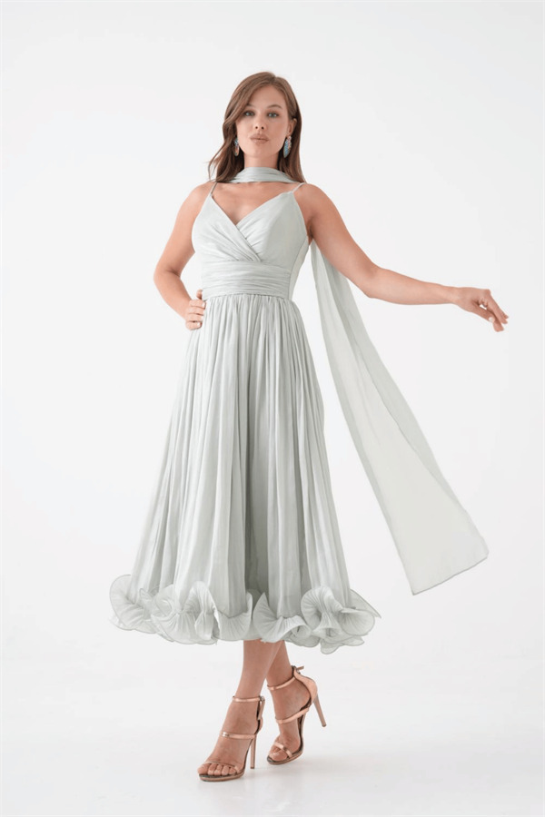 Kırinkıl Saten Kumaş Askılı Midi Boy Elbise - MİNT YEŞİLİ - 1