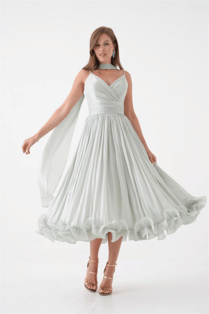 Kırinkıl Saten Kumaş Askılı Midi Boy Elbise - MİNT YEŞİLİ - 3