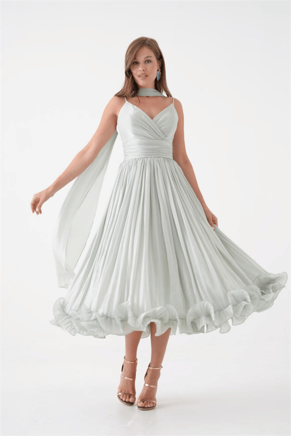 Kırinkıl Saten Kumaş Askılı Midi Boy Elbise - MİNT YEŞİLİ - 3