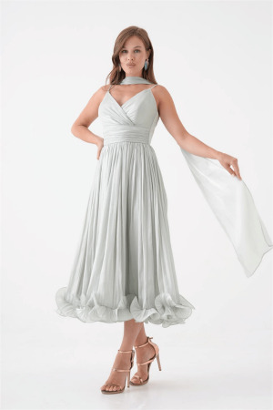 Kırinkıl Saten Kumaş Askılı Midi Boy Elbise - MİNT YEŞİLİ - 4