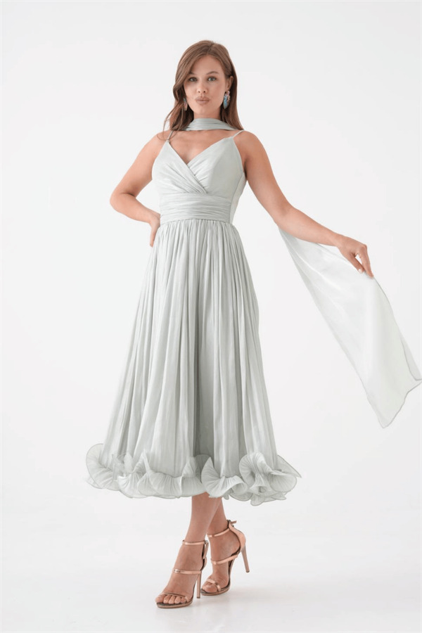 Kırinkıl Saten Kumaş Askılı Midi Boy Elbise - MİNT YEŞİLİ - 4