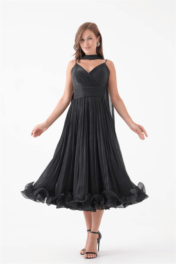 Kırinkıl Saten Kumaş Askılı Midi Boy Elbise - SİYAH - 1