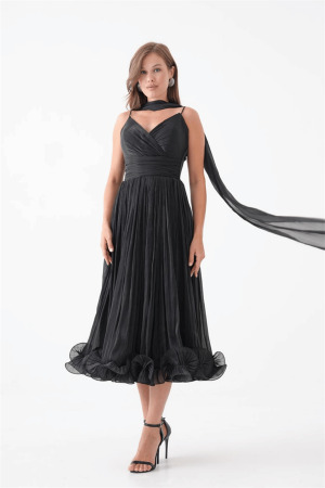 Kırinkıl Saten Kumaş Askılı Midi Boy Elbise - SİYAH - Angelino Moda (1)