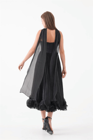 Kırinkıl Saten Kumaş Askılı Midi Boy Elbise - SİYAH - 5