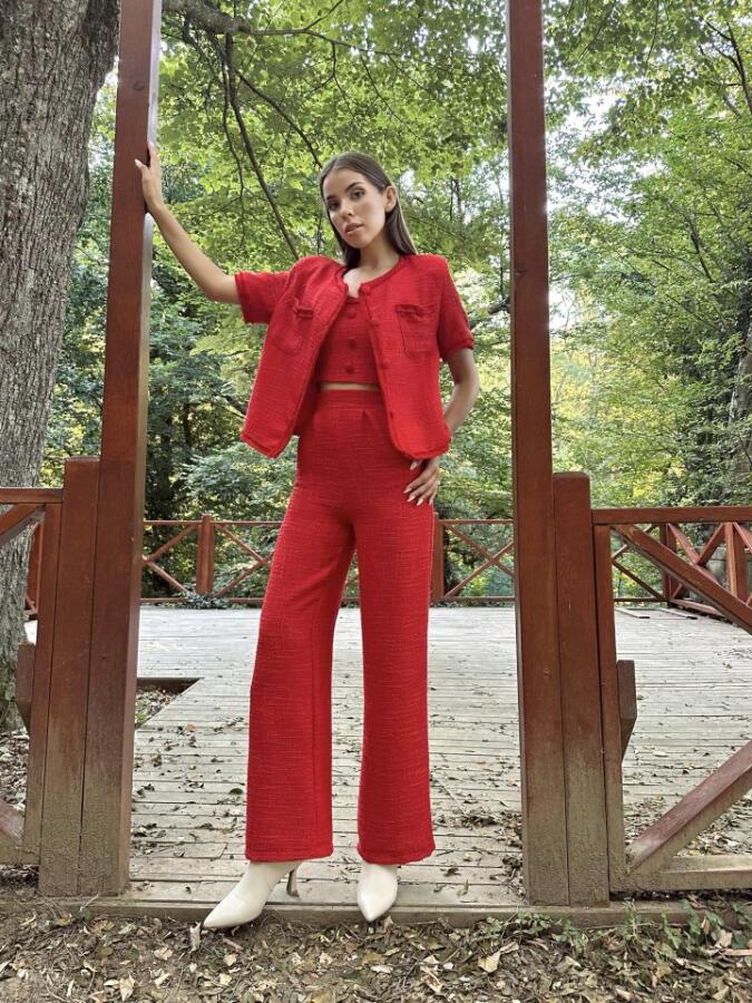 Kırmızı Askılı Büstiyer Ceket Ve Pantolon Takım - 1