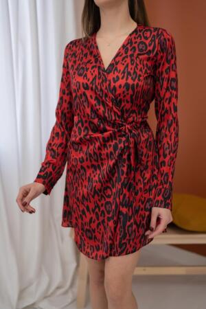 Kırmızı Leopar Desenli Saten Elbise - 3
