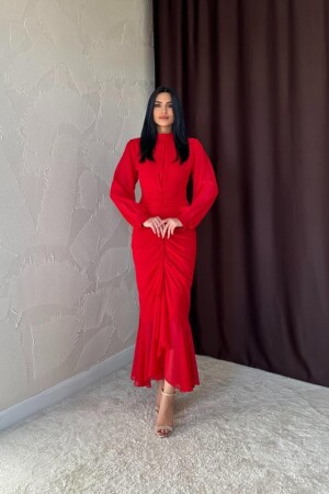 Kırmızı Önü Büzgülü Şifon Elbise - 1