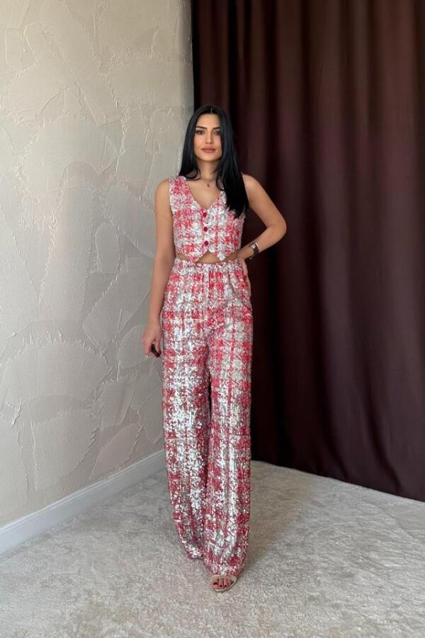 Kırmızı Pullu Yelek Ve Pantolon Takım - 1