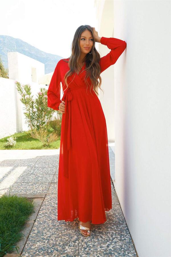 Kırmızı Şifon Kruvaze Uzun Abiye Elbise - 2