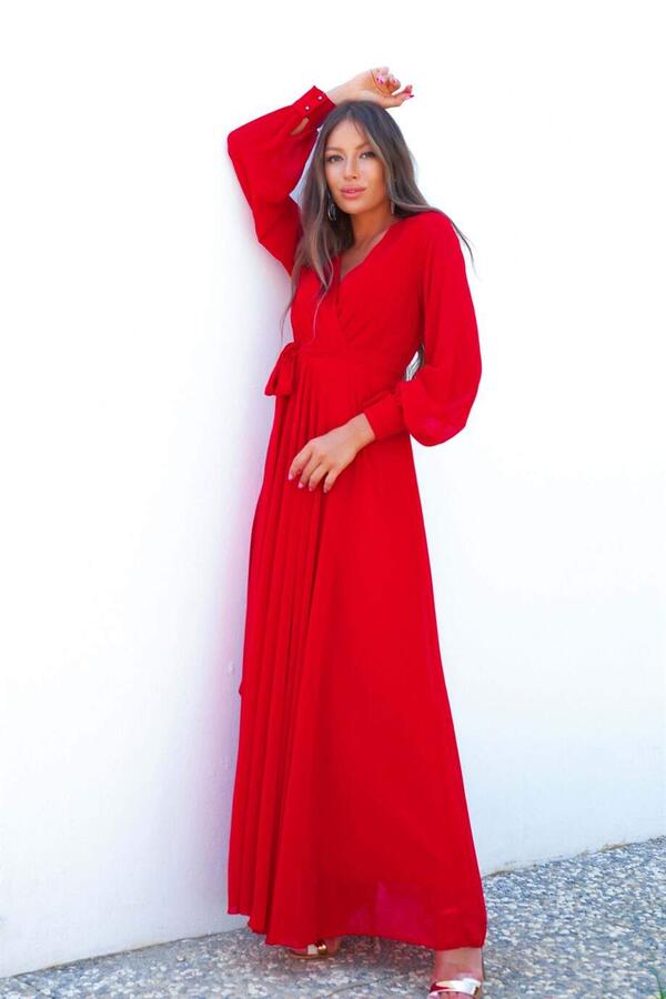 Kırmızı Şifon Kruvaze Uzun Abiye Elbise - 4