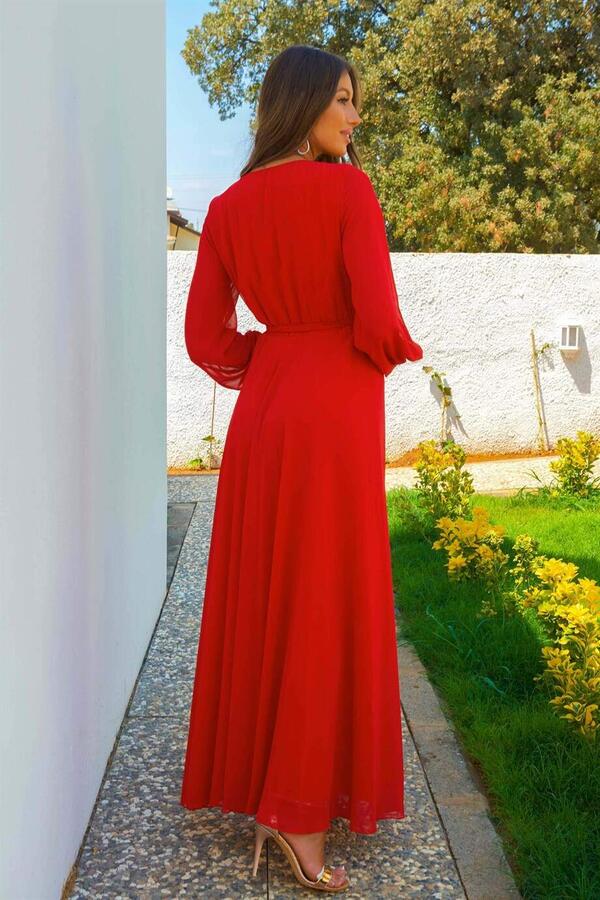 Kırmızı Şifon Kruvaze Uzun Abiye Elbise - 5