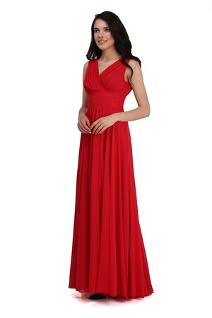 Kırmızı Şifon V Yaka Uzun Abiye Elbise - 3