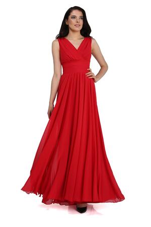 Kırmızı Şifon V Yaka Uzun Abiye Elbise - 1