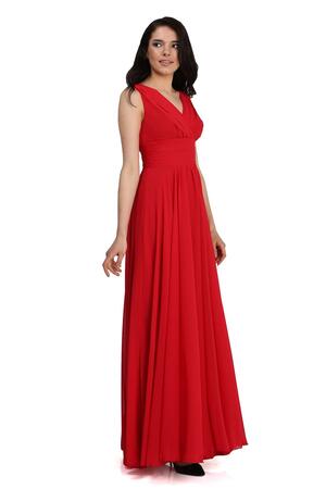 Kırmızı Şifon V Yaka Uzun Abiye Elbise - 4
