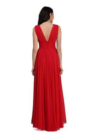Kırmızı Şifon V Yaka Uzun Abiye Elbise - 2