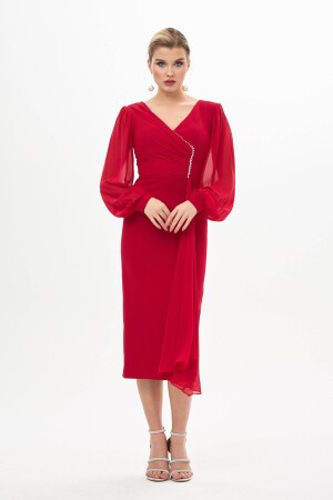 Kırmızı Uzun Kollu Krep Büyük Beden Abiye Elbise - 2