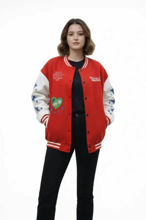 Kırmızı Varsity Çıtçıtlı Baskılı Oversize Kalıp Kolej Ceket - Kırmızı - 1