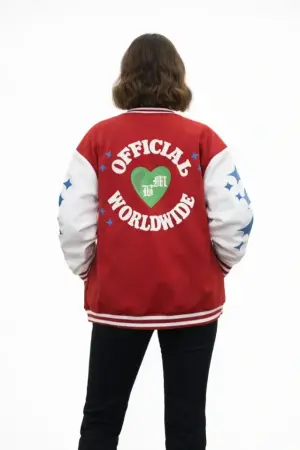 Kırmızı Varsity Çıtçıtlı Baskılı Oversize Kalıp Kolej Ceket - Kırmızı - 2