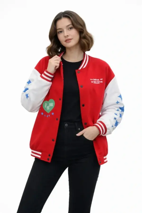 Kırmızı Varsity Çıtçıtlı Baskılı Oversize Kalıp Kolej Ceket - Kırmızı - 3