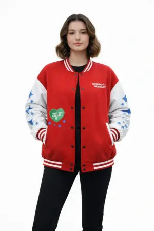 Kırmızı Varsity Çıtçıtlı Baskılı Oversize Kalıp Kolej Ceket - Kırmızı - 4