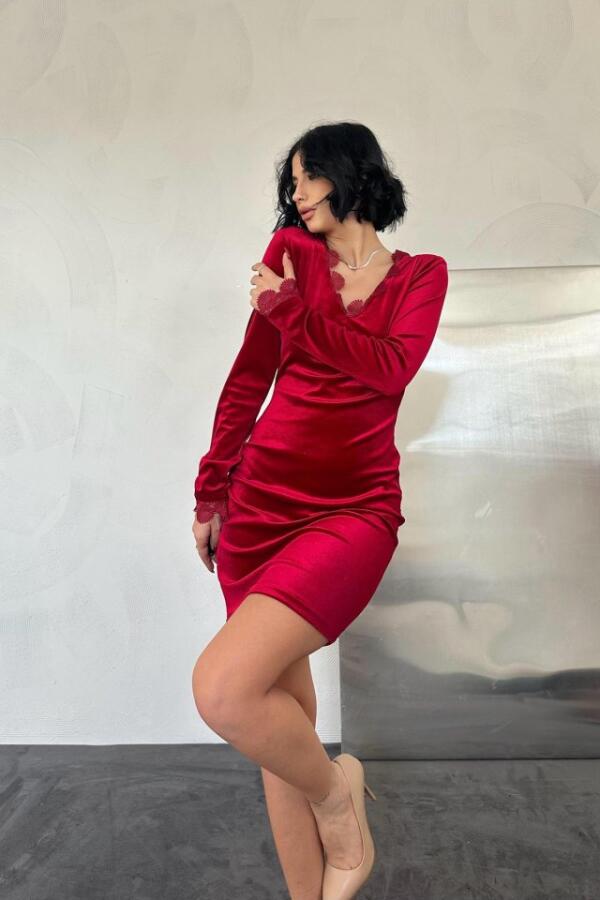 Kırmızı Yaka Ve Kol Dantelli Mini Elbise - 2