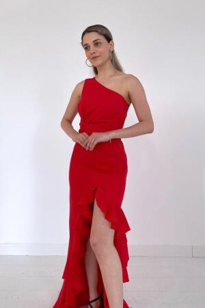 Kırmızı Yırtmaçlı Volanlı Elbise - 1