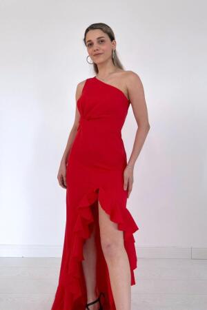 Kırmızı Yırtmaçlı Volanlı Elbise - 3