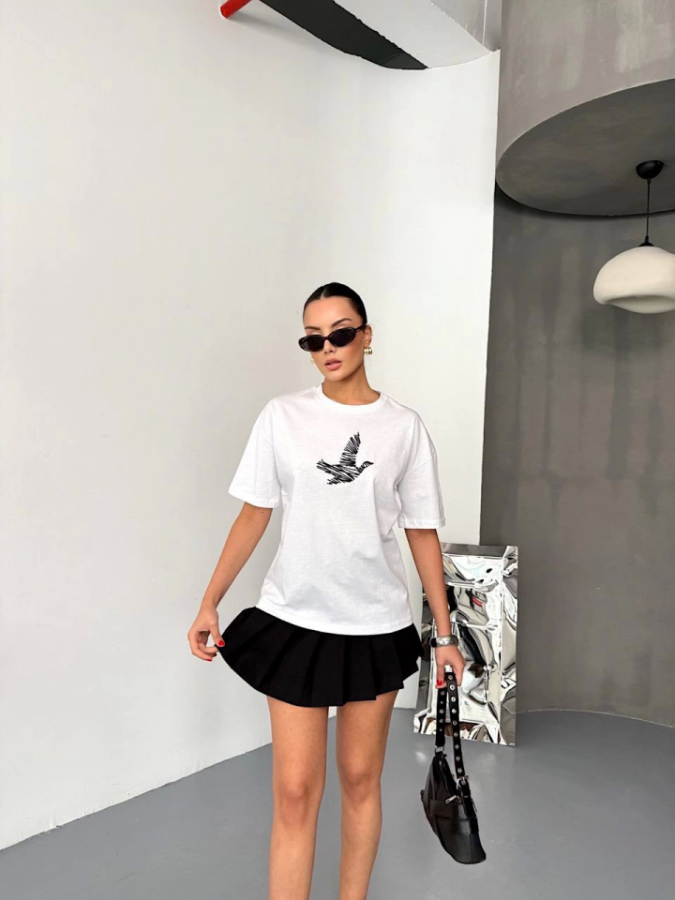 Kısa Kol Baskılı T-shirt - Beyaz - 1