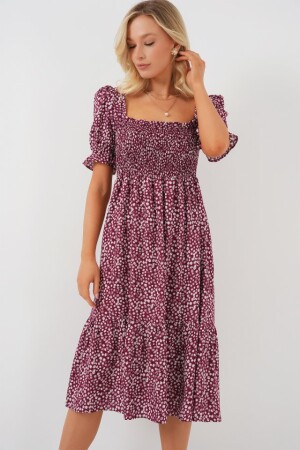 Kısa Kol Çiçekli Elbise 2556 - Bordo - 1