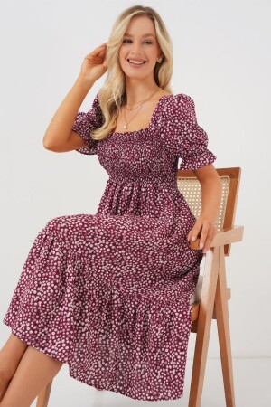 Kısa Kol Çiçekli Elbise 2556 - Bordo - 2