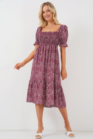 Kısa Kol Çiçekli Elbise 2556 - Bordo - 3