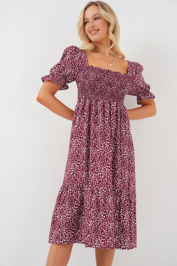 Kısa Kol Çiçekli Elbise 2556 - Bordo - 4