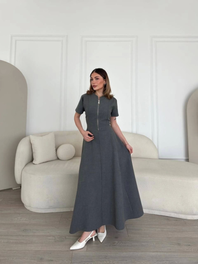 Kısa Kollu Önden Fermuarlı Çan Etekli Uzun Elbise - Antrasit - 1