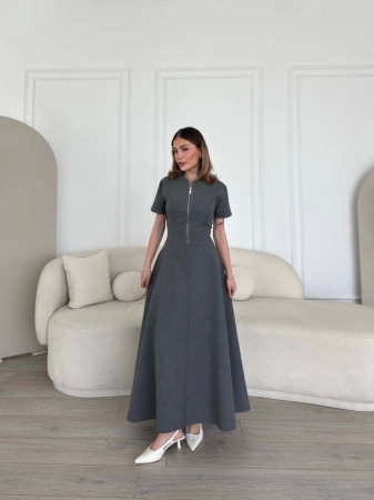 Kısa Kollu Önden Fermuarlı Çan Etekli Uzun Elbise - Antrasit - ANGELINO BuyukBedeniz (1)