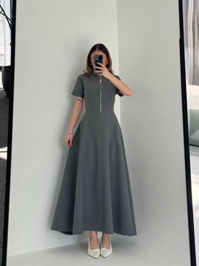 Kısa Kollu Önden Fermuarlı Çan Etekli Uzun Elbise - Antrasit - 3