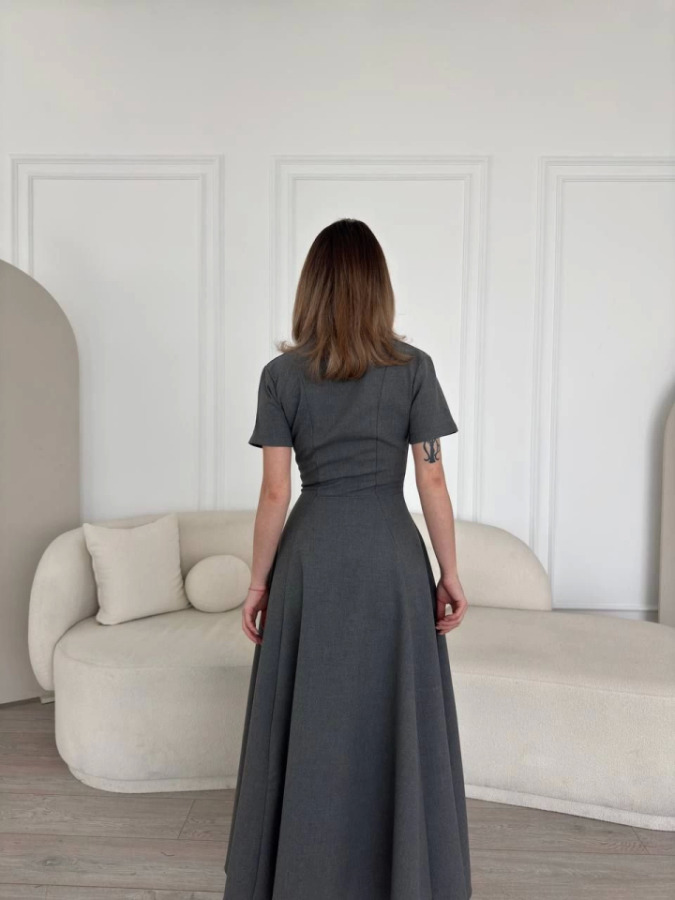 Kısa Kollu Önden Fermuarlı Çan Etekli Uzun Elbise - Antrasit - 4
