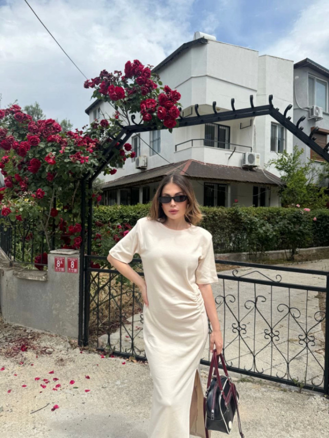 Kısa Kollu Uzun Yandan Yırtmaçlı Elbise - Beyaz - 2