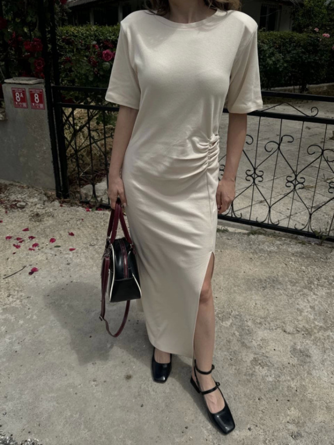 Kısa Kollu Uzun Yandan Yırtmaçlı Elbise - Beyaz - 3