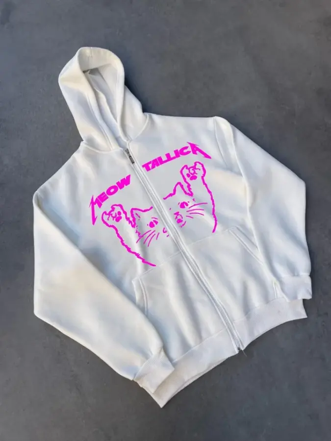 Kışlık Baskılı Fermuarlı Kapüşonlu Hırka - Beyaz - 1