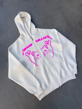 Kışlık Baskılı Fermuarlı Kapüşonlu Hırka - Beyaz - 1