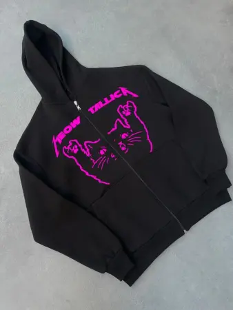 Kışlık Baskılı Fermuarlı Kapüşonlu Hırka - Siyah - 1