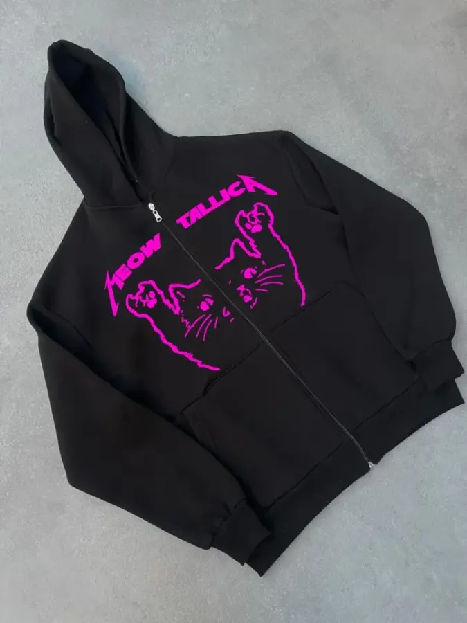 Kışlık Baskılı Fermuarlı Kapüşonlu Hırka - Siyah - 1