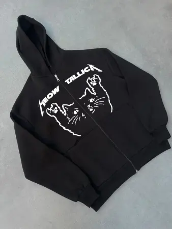 Kışlık Baskılı Fermuarlı Kapüşonlu Hırka - Siyah - 1